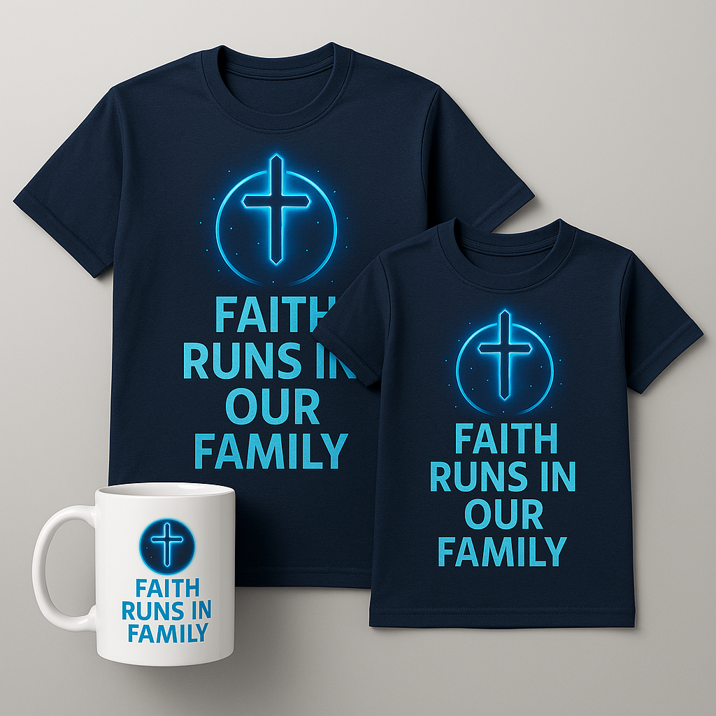 Matching Christian family T-shirts and faith mug