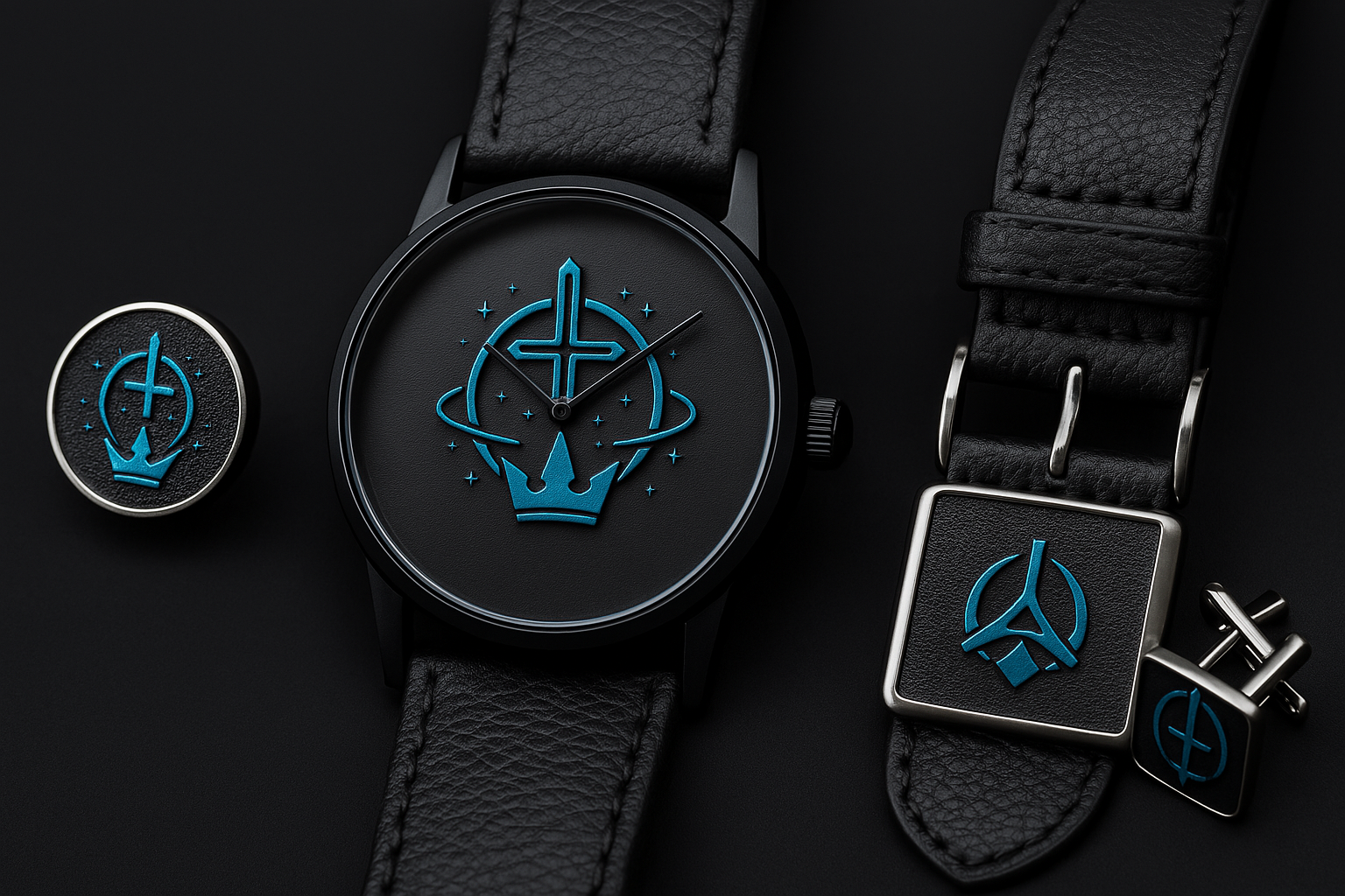 Christian watch, lapel pin, belt and cuff links