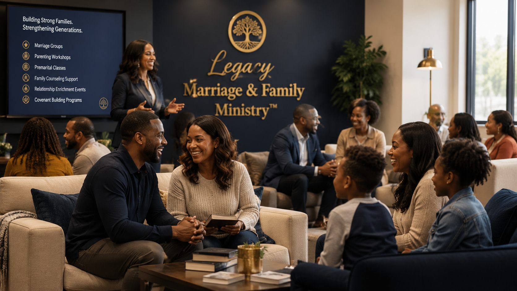 Couples and families participating in a filmed relationship ministry discussion