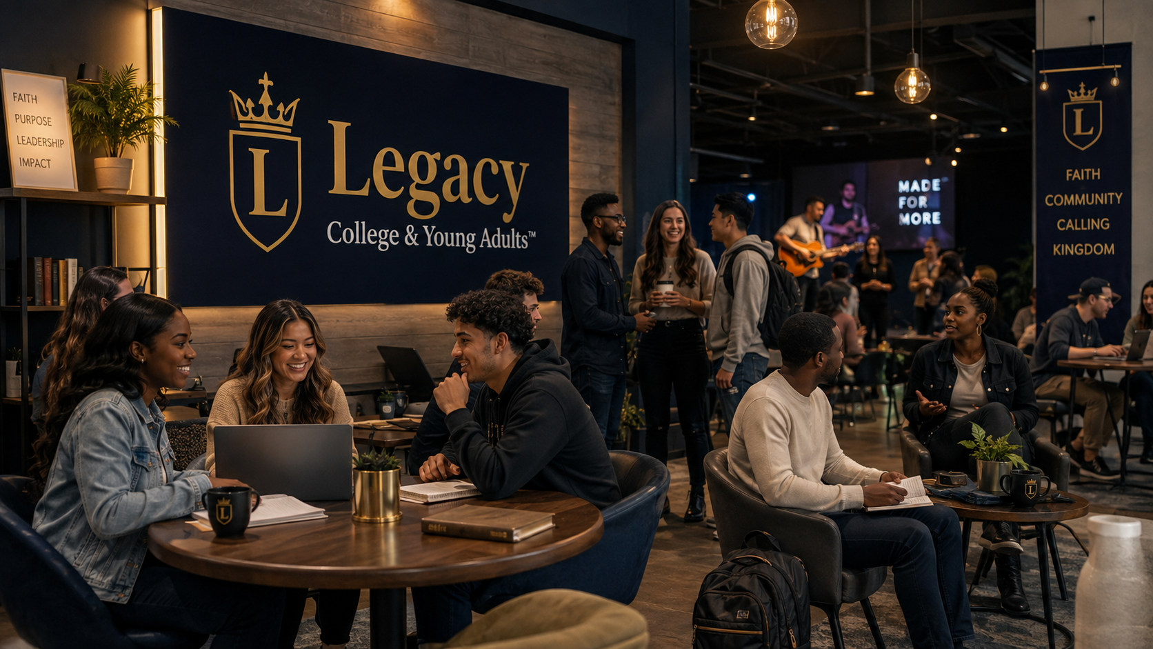 College students and young adults discussing faith and purpose on stage